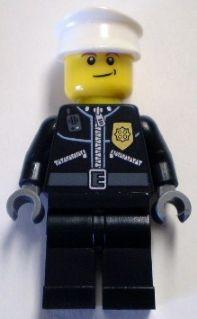 LEGO Minifigure-Police - City Leather Jacket with Gold Badge and 'POLICE' on Back, White Hat, Lopsided Smile-Town / City / Police-CTY256-Creative Brick Builders